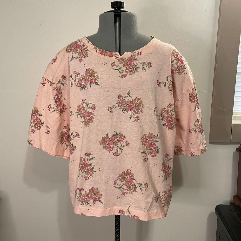Vintage 80s Perennial Pink Floral Cotton Box T Shirt Size Large Made in USA